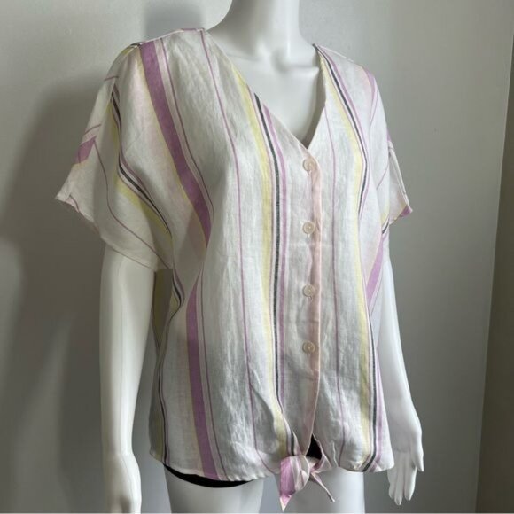 Three Dots Short Sleeves Tie Front Button-down Top - L - Picture 6 of 8